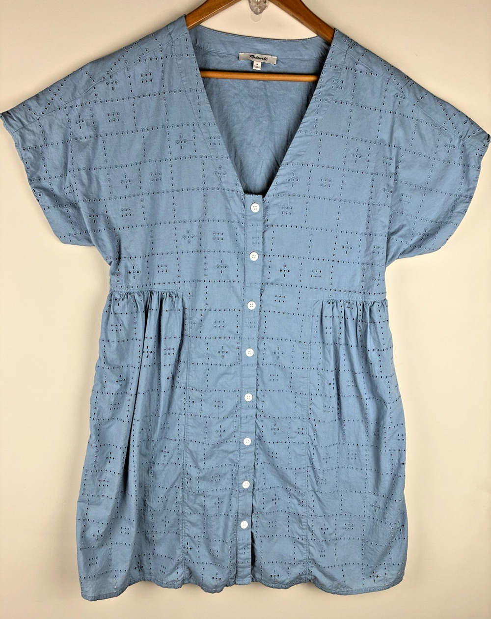 Madewell Button Front Mini Dress Sz M Cotton Blue Eyelet Coastal Vacation Dress
